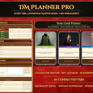 May include: A red and black graphic with the text "DM PLANNER PRO" and "EVERY TOOL A DUNGEON MASTER NEEDS - ONE SPREADSHEET." The image includes item cards, a session dashboard, and a party tracker. It also states "20 CONNECTED TABS" and "WORKS ON MAC."