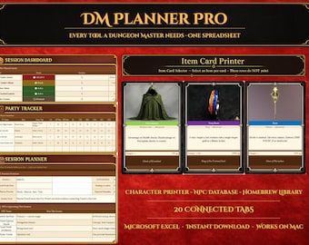 May include: A red and black graphic with the text "DM PLANNER PRO" and "EVERY TOOL A DUNGEON MASTER NEEDS - ONE SPREADSHEET." The image includes item cards, a session dashboard, and a party tracker. It also states "20 CONNECTED TABS" and "WORKS ON MAC."