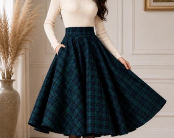 Schotse geruite midi-rok met hoge taille, geplooide swingrok, verkrijgbaar in meer dan 50 tartanpatronen.