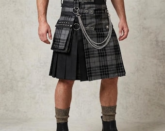 Falda escocesa híbrida gótica negra estilo Highland con delantal frontal de tartán y pliegues en más de 50 tartanes.