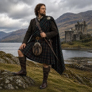 Puede incluir: Un hombre con vestimenta escocesa tradicional, que incluye un kilt de tartán, una capa y un sporran. Lleva una chaqueta marrón, calcetines hasta la rodilla y botas. Un castillo es visible en el fondo, con un lago y montañas bajo un cielo nublado.