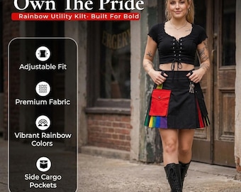 Falda escocesa tipo kilt arcoíris con bolsillos cargo para mujer. Tallas disponibles: de 22'' a 54''.