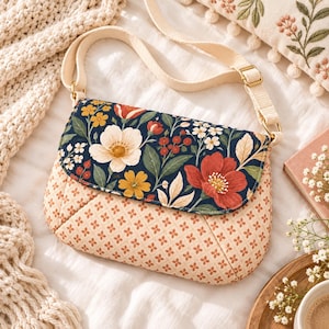 Crossbody Shoulder Bag Sewing Pattern PDF Small Fabric Purse with Flap Front Pocket & Adjustable Strap Photo Instructions
