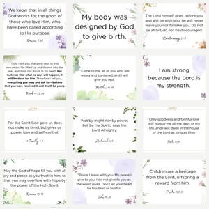 Puede incluir: Un conjunto de tarjetas cuadradas con citas inspiradoras y versículos bíblicos. Cada tarjeta presenta un fondo blanco, decoraciones florales y texto en una fuente clásica. Las citas tratan temas de fe, fuerza y esperanza.