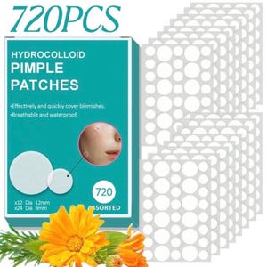 May include: A box of 720 assorted hydrocolloid pimple patches. The box is teal with white text that reads "HYDROCOLLOID PIMPLE PATCHES". The box also includes a diagram of the patches and a close-up of a person's face. The patches are available in 12mm and 8mm sizes.