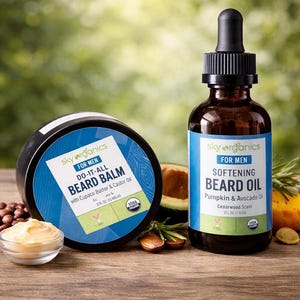 May include: An image of beard care products. A black jar of beard balm and a brown glass bottle of beard oil are shown. The balm is 60 ml. The oil is 60 ml. The products are labelled "Sky Organics FOR MEN".