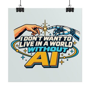 Poster 'AI Creation of Man' - Kunstwerk dat robot en menselijke hand aanraakt, futuristische cyberpunk wanddecoratie, sciencefictioncadeau voor programmeur of ingenieur