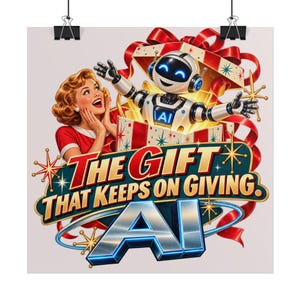 Retro-Roboter-Poster „KI – Das Geschenk, das immer wieder Freude bereitet“ | Gerollte Poster