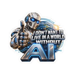 May include: A die-cut sticker featuring a silver and white robot giving a thumbs up, positioned in front of a glowing Earth graphic. The text reads I DON'T WANT TO LIVE IN A WORLD WITHOUT AI in bold, metallic blue and white lettering.