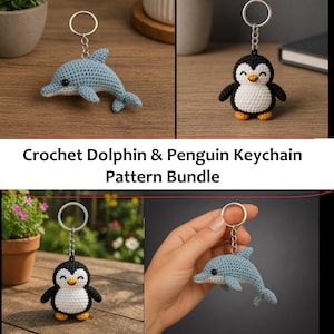 May include: Crochet dolphin and penguin keychains. The dolphin is light blue, and the penguin is black, white, and yellow. Both have silver key rings. The text "Crochet Dolphin & Penguin Keychain Pattern Bundle" is displayed.