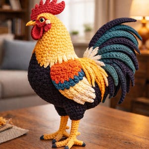 May include: A handcrafted crochet rooster figurine. The rooster features a red comb, yellow beak, and a body with yellow, orange, black, and teal details. The tail feathers are a mix of teal and navy blue. The rooster is standing on a wooden surface.