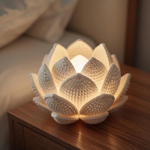 May include: A cream-coloured, crocheted lotus flower lamp with a soft, glowing light. The lamp sits on a wooden bedside table, creating a warm atmosphere. The intricate crochet work is visible. The lamp is a decorative item.