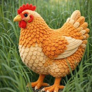 Op de afbeelding: Een handgemaakte gehaakte kip in tinten oranje, beige en rood, staand in lang groen gras. De kip heeft gedetailleerde haakwerkkenmerken, waaronder een rode kam en lellen, en is een decoratief item.