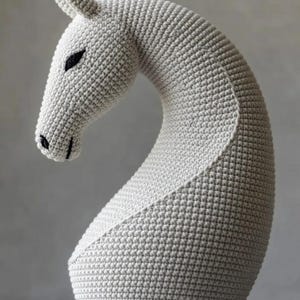 Peut inclure: Une grande sculpture en forme de tête de cheval en crochet blanc cassé. La tête de cheval a des accents noirs pour les yeux et les narines. La sculpture est faite d'un matériau tissé texturé et a un cou incurvé.