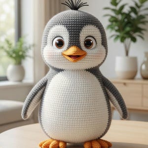 Puede incluir: Un juguete de pingüino tejido a mano. El pingüino tiene cabeza y alas grises, cuerpo blanco y pies y pico naranjas. Tiene ojos marrones grandes y un pequeño mechón de hilo negro en la cabeza. El pingüino está sobre una mesa de madera.