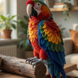 Puede incluir: Un loro de ganchillo hecho a mano, colorido, con cabeza roja, pecho naranja y alas azules. El loro está posado sobre un tronco de madera, mostrando su detallada artesanía. El plumaje vibrante incluye acentos amarillos, verdes y rojos.