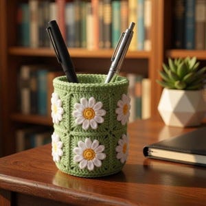 May include: A green crochet pen holder adorned with white and yellow daisy motifs. Two pens, one black and one silver, are inside. The holder sits on a wooden surface.