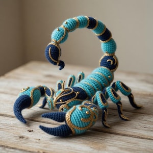 Peut inclure: Un scorpion crocheté à la main, aux couleurs turquoise et bleu marine, orné de finitions dorées. Le corps segmenté et la queue incurvée du scorpion sont richement détaillés. L'objet est présenté sur une surface en bois.