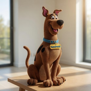 May include: A handmade crochet sculpture of Scooby-Doo, the cartoon dog. The brown dog has black spots, a blue collar, and a tag that says "Handmade". The dog is sitting on a wooden table.