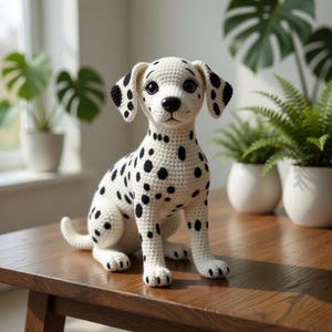 Puede incluir: Figura de perro dálmata de ganchillo con cuerpo blanco y manchas negras. El perro tiene orejas negras y nariz negra. Está sentado sobre una mesa de madera frente a plantas en macetas.