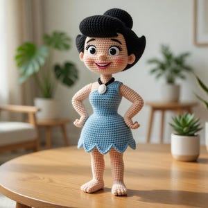May include: A handmade crochet doll of a cartoon character with black hair and a blue dress. The doll has a smiling face, arms at its sides, and is standing on a wooden table. The doll is approximately 25 cm tall.