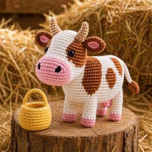 May include: A crocheted cow figurine with brown spots, horns, and ears, a pink nose and hooves, and black eyes. A small yellow crocheted basket sits beside the cow. The cow is standing on a wooden surface.
