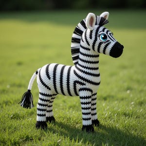 May include: A handmade crochet zebra toy with a black and white striped pattern. The zebra has a black mane, tail, and hooves, and large blue eyes. The toy is standing on green grass.