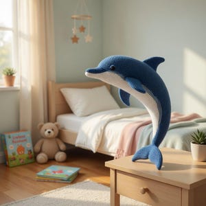 May include: A blue and white crocheted dolphin toy stands on a wooden nightstand in a child's bedroom. The dolphin has a curved body and is positioned as if leaping. The room features a bed, a teddy bear, and a mobile.