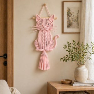Puede incluir: Un colgante de pared de macramé rosa con forma de gato. El gato está hecho de hilo anudado, con una cara detallada, orejas puntiagudas y una cola larga. Una borla cuelga debajo del cuerpo del gato. El colgante de pared está suspendido de una clavija de madera y una cuerda rosa.