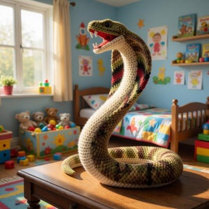 Könnte beinhalten: Eine große, gehäkelte Schlange in Grün-, Braun- und Cremetönen mit rotem Maul und weißen Zähnen sitzt auf einem Holztisch. Die Schlange befindet sich in einem Kinderzimmer mit Bett, Spielzeug und Zeichnungen an der Wand. Der Raum ist hellblau gestrichen.