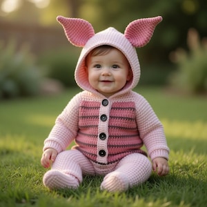 May include: A baby wearing a handmade pink crochet pig costume with a hood and large ears. The costume has a button-up front and is sitting on green grass. The outfit is a light pink color with darker pink and brown stripes.