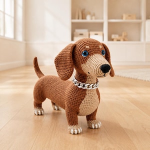 May include: A crocheted dachshund toy featuring a brown body with a tan chest and muzzle, blue plastic eyes, a black nose, and a silver-colored metal chain collar. The dog has four legs with white-tipped paws and a short, upright tail.