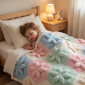 Puede incluir: Un niño dormido está cubierto con una manta de ganchillo hecha a mano. La manta presenta grandes diseños de flores tridimensionales en tonos pastel de azul, rosa y verde, sobre un fondo blanco. La cama tiene un marco de madera y una almohada blanca y esponjosa.