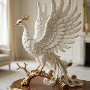 Peut inclure: Une sculpture de paon blanc aux ailes déployées, perchée sur une branche dorée. La sculpture présente des détails complexes, avec des accents dorés sur la couronne, les pointes des ailes et la branche. Des accents bleus ornent les plumes de la queue. La sculpture est exposée sur une table en bois.