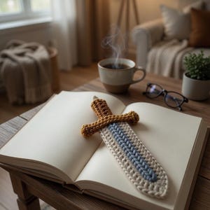 May include: A crocheted sword-shaped bookmark in a book. The bookmark features a tan hilt and a light blue and cream-colored blade. A cup of coffee, glasses, and a small plant are also on the wooden table.