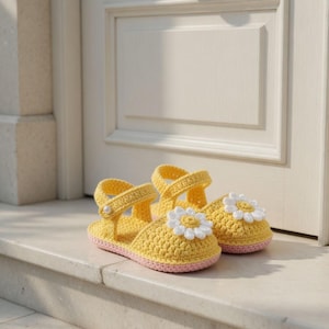 May include: A pair of yellow crochet sandals with a pink sole and white daisy embellishments. The sandals have a strap with a pearl-like button closure. The sandals are displayed on a stone step in front of a white door.