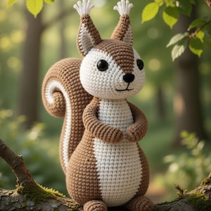 Può includere: Un peluche di scoiattolo all'uncinetto con filato marrone e bianco. Lo scoiattolo ha una coda folta ed è appollaiato su un ramo d'albero. Lo sfondo è una scena di foresta sfocata con fogliame verde.