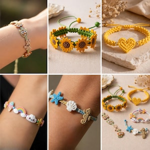 Puede incluir: Una colección de pulseras de ganchillo hechas a mano. Los diseños incluyen girasoles, corazones, búhos, arcoíris, nubes, conchas marinas e hipocampos. Las pulseras son de varios colores, incluyendo amarillo, verde, azul y blanco. Las pulseras son ajustables.