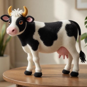 May include: A handcrafted crochet cow figure in black and white, featuring a pink udder and nose. It has yellow horns and a fluffy white hair tuft. The cow is displayed on a wooden table.