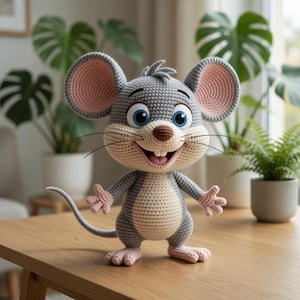 Pode incluir: Um brinquedo de rato de crochê com uma expressão alegre. O rato é principalmente cinza com detalhes em rosa nas orelhas, mãos e pés. Possui grandes olhos azuis, um nariz marrom e uma boca sorridente. O brinquedo está em uma mesa de madeira.