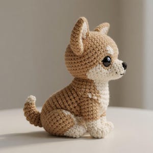 Può includere: Un cane all'uncinetto fatto a mano, nei toni del marrone e del bianco. Il cane amigurumi ha grandi occhi neri, un piccolo naso nero e una bocca sorridente. Il cane è seduto con la coda arricciata, mostrando il dettagliato lavoro all'uncinetto.