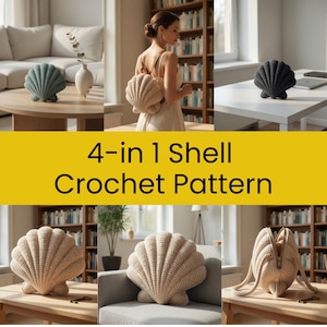 Puede incluir: Una colección de artículos de ganchillo con forma de concha en varios colores, incluyendo una mochila, cojines y piezas decorativas. La imagen presenta el texto "4-in 1 Shell Crochet Pattern" en una pancarta amarilla. Los artículos se muestran en mesas y un sofá.
