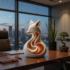 May include: A white crocheted fox-shaped lamp with orange accents. The lamp has a detailed design, with the fox's head and body forming the shape. The lamp is on a wooden desk with a laptop, notebooks, and a pen.