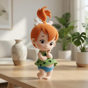 Pode incluir: Boneca de crochê feita à mão de um personagem de desenho animado com cabelo laranja penteado em um rabo de cavalo alto com um acessório de osso. A boneca usa um vestido verde com bolinhas pretas e shorts azuis. A boneca está em uma mesa de madeira.