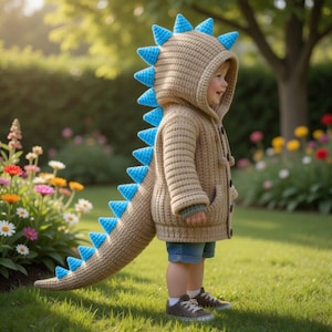 May include: A tan crochet dinosaur costume with blue spikes and a tail. The hooded jacket has a button closure and pockets. The child is wearing denim shorts and brown trainers. The costume is perfect for fancy dress.