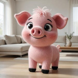May include: A pink crochet pig, handmade with a smiling face and large eyes. The pig has black hooves and a curly tail. The pig's ears and head have pink yarn. The pig is standing on a light-coloured floor. A cute, soft toy.
