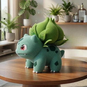 Peut inclure: Figurine Bulbasaur crochetée, vert d'eau et vert, avec des yeux rouges et une grande plante verte sur le dos. Posée sur une table ronde en bois. Objet décoratif fait main.