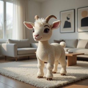 May include: A cream-coloured crocheted goat figure with brown horns and hooves. The handmade animal has large, expressive eyes and stands on a white rug. The goat is a decorative item.