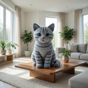May include: A handcrafted crochet cat in grey and blue tones sits on a wooden coffee table. The cat has large eyes and striped patterns. The room has a neutral colour scheme with plants and natural light, creating a cozy atmosphere.