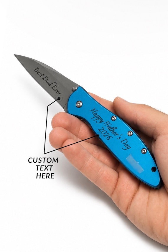 A custom-engraved pocket knife with a vibrant cyan handle in a gift box — functional, personalized, and visually punchy in a way most knives aren't.